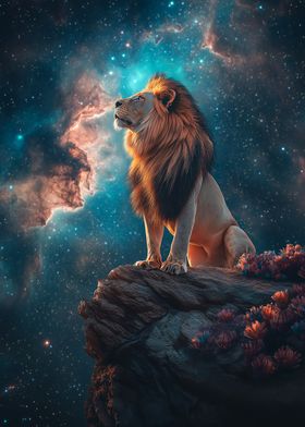 Majestic Lion in Space landscape