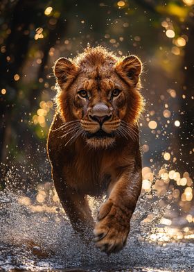 Lion Running Through Water