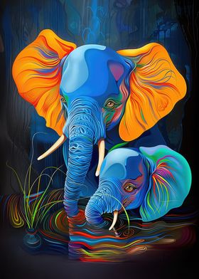 Vibrant Colorful Elephant Family