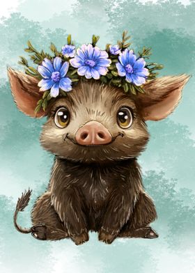 Cute Piglet with Flower Crown