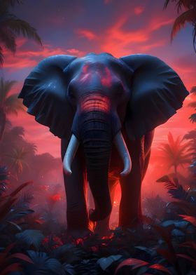 Elephant in Jungle Sunset