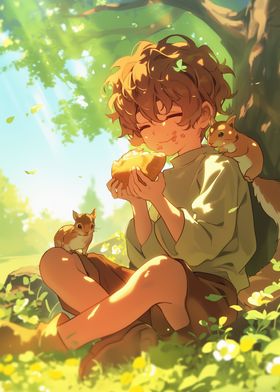 Boy Eating with Squirrels