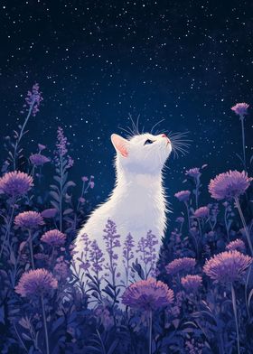 White Cat Under Starry Sky