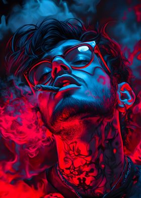 Man Smoking in Neon Light