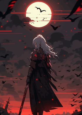 Anime Girl with Sword Under Red Moon