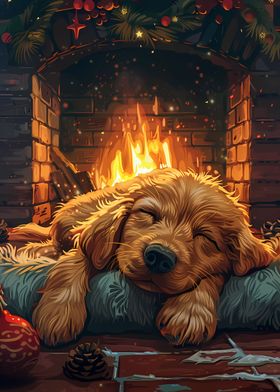 Dog sleeping by Fireplace