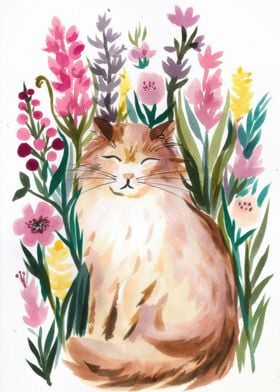 Cat in a Garden of Flowers