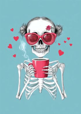 Skeleton with Coffee and Hearts