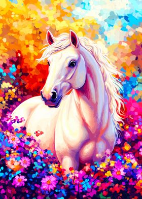 White Horse in Flowers