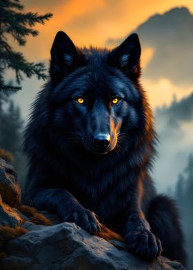 Black Wolf at Sunset