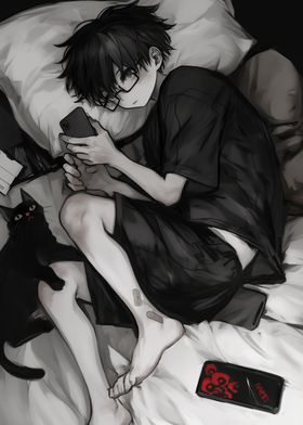 Anime Boy on Bed with Phone