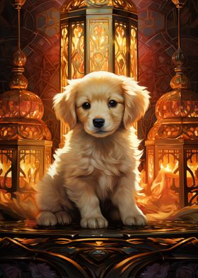 Golden Retriever Puppy with Lanterns