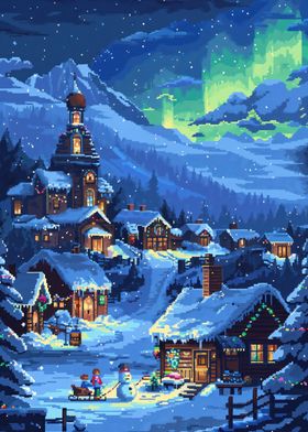 Snowy Village Night Pixel Art