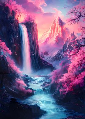 Fantasy Waterfall Landscape Cherry Blossom