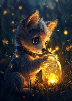 Cute Puppy with Fireflies