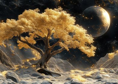 Cosmic Golden Tree Asteroid Landscape