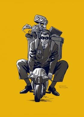 Man on Motorcycle with Robot