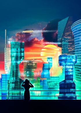 Silhouette in Futuristic City