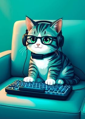 Gamer Kitty Cat with Headphones and Keyboard