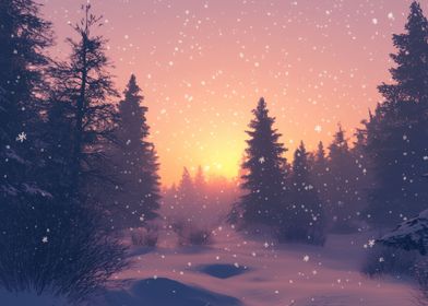 Snowy Forest Sunset