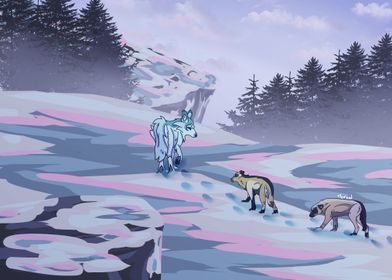 Wolf and Hyenas in Snowy Landscape