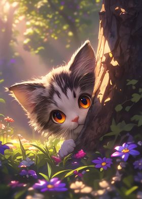 Cute anime Kitten in wildflowers meadow