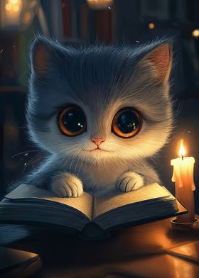 Cute Cat Reading by Candlelight