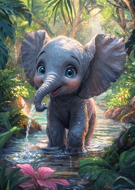 Cute Elephant in Jungle Stream