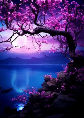 Pink Blossom Moonlit Lake