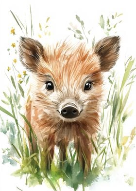 Cute Baby Wild Boar In Grass