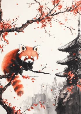 Red Panda in Cherry Blossom Tree