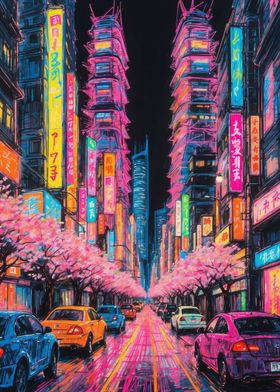 Neon Cityscape with Cherry Blossoms