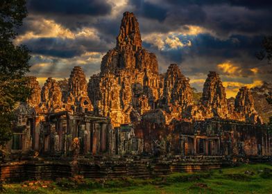 Bayon Temple At Sunset In Cambodia