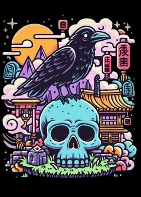 Crow on Skull with Japanese Temple