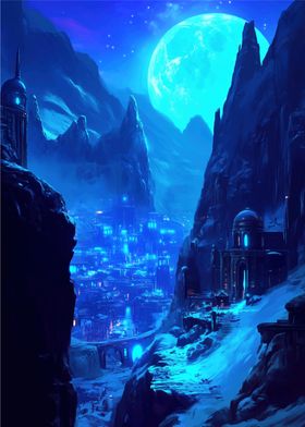 Fantasy Cityscape Under Blue Moon