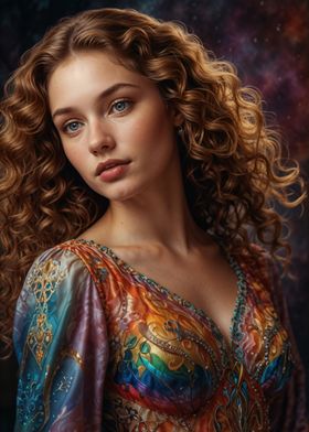 Woman with Curly Hair and Colorful Dress