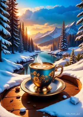 Hot aroma Coffee in winter Mountains