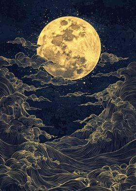 Golden Moon and Waves