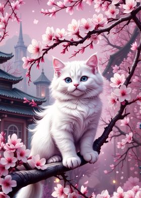 White Cat in Cherry Blossom Sakura Tree