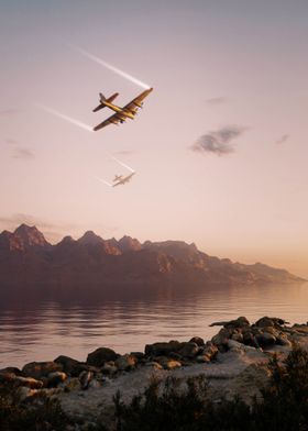 Vintage Bombers Over Mountains