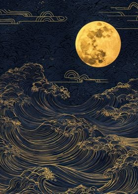 Golden Waves Under Full Moon