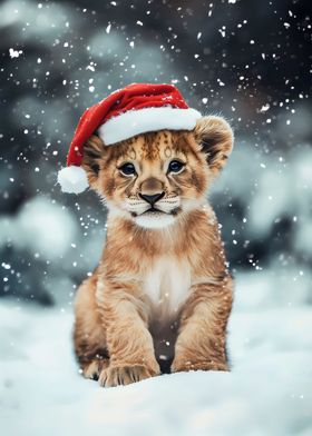 Cute Lion Cub in Santa Hat