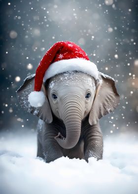 Cute Baby Elephant in Santa Hat