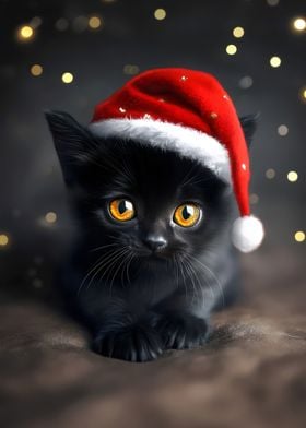 Cute Black Cat in Santa Hat