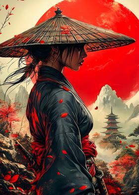 Samurai Woman with Red Moon