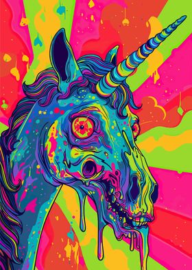 Psychedelic Zombie Unicorn Skull