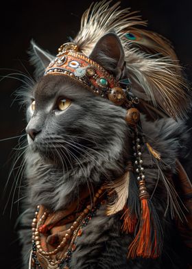 Gray Cat in Native American Headdress