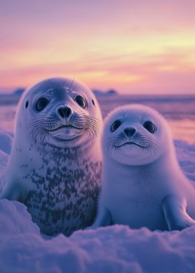 Two Baby Seals at Sunset