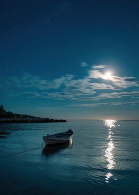 Moonlit Boat at Sea