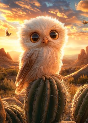 Cute Owl on Cactus